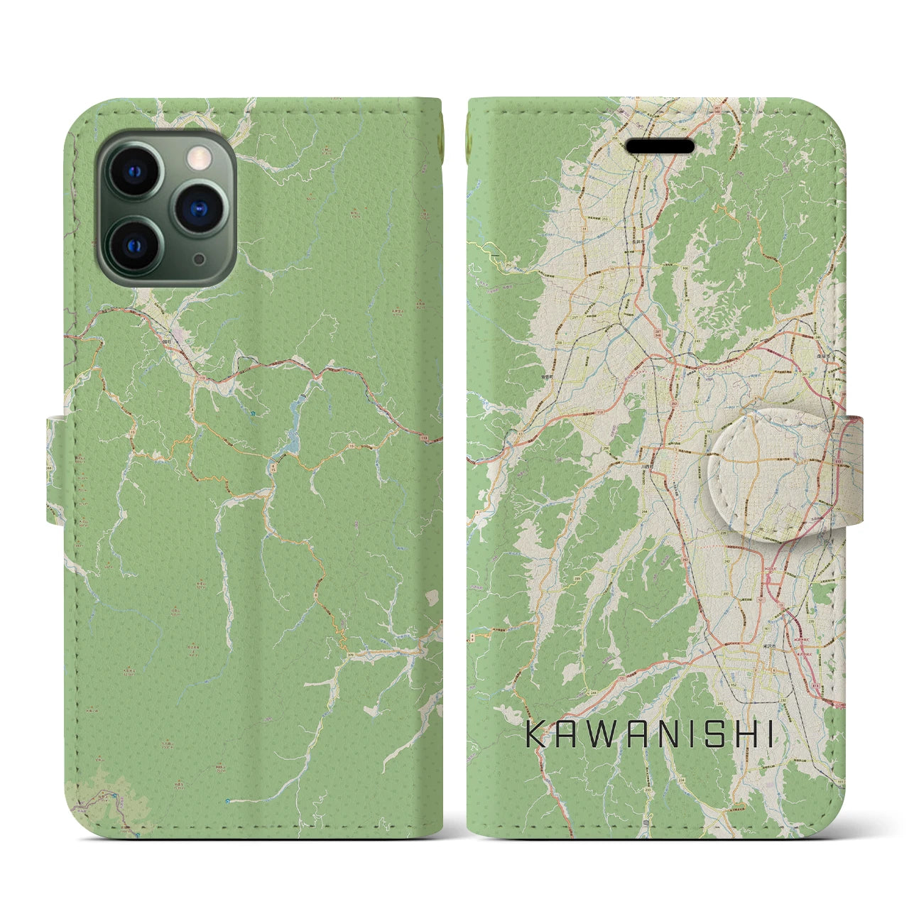 【川西(山形県)】地図柄iPhoneケース(手帳タイプ)ナチュラル・iPhone 11 Pro 用