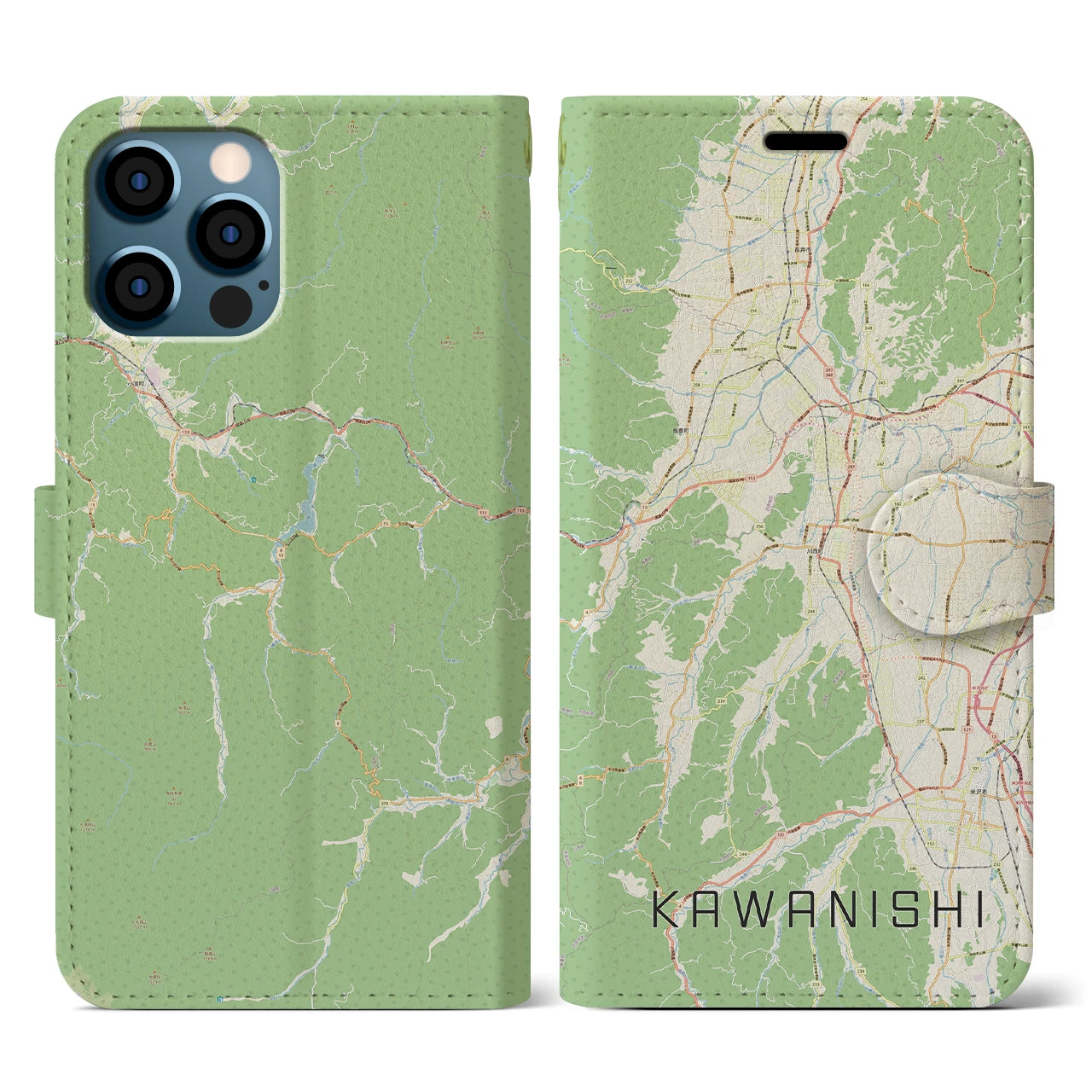 【川西(山形県)】地図柄iPhoneケース(手帳タイプ)ナチュラル・iPhone 12 / 12 Pro 用