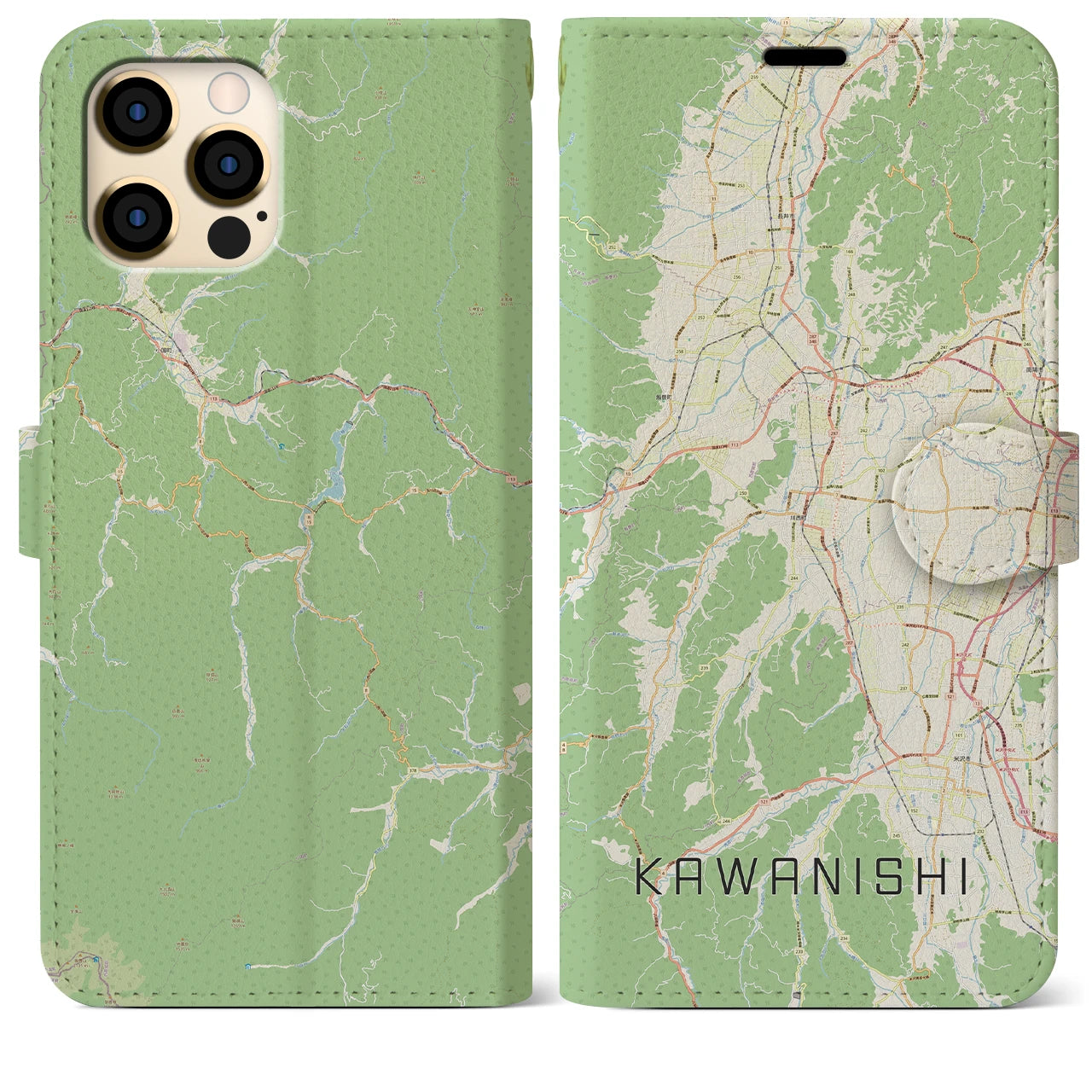 【川西(山形県)】地図柄iPhoneケース(手帳タイプ)ナチュラル・iPhone 12 Pro Max 用