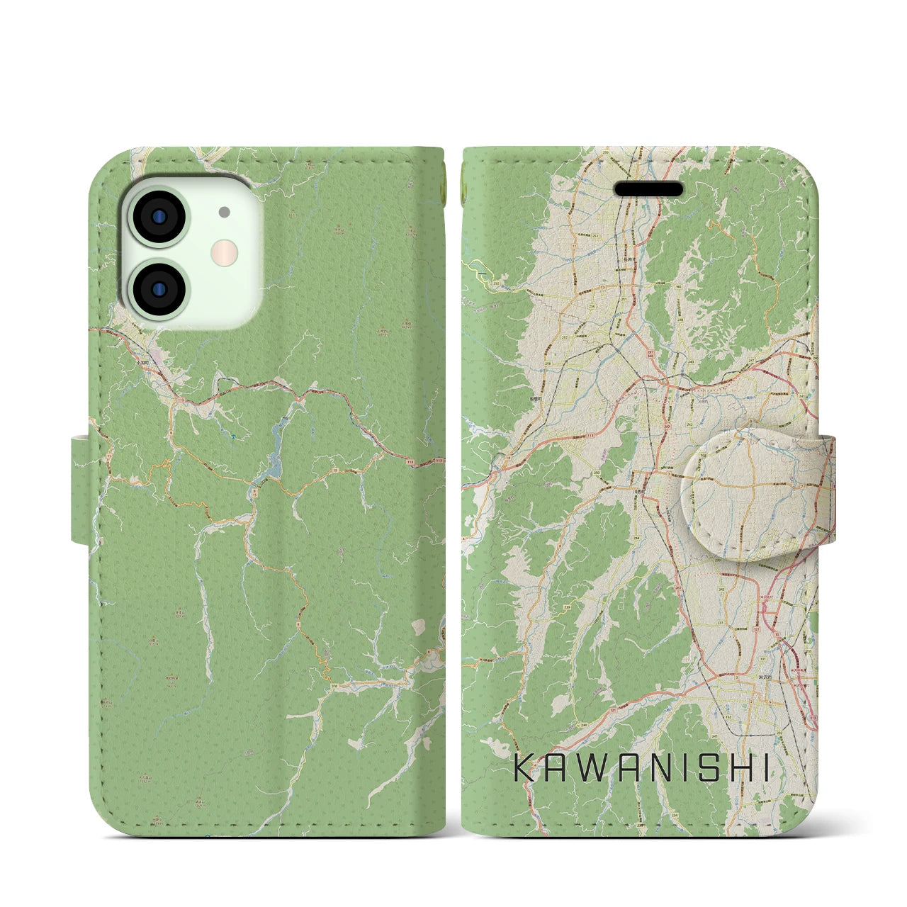 【川西(山形県)】地図柄iPhoneケース(手帳タイプ)ナチュラル・iPhone 12 mini 用