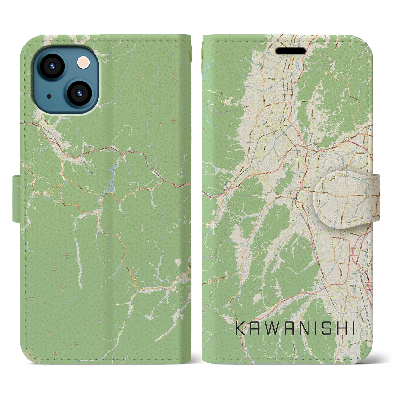 【川西(山形県)】地図柄iPhoneケース(手帳タイプ)ナチュラル・iPhone 13 用