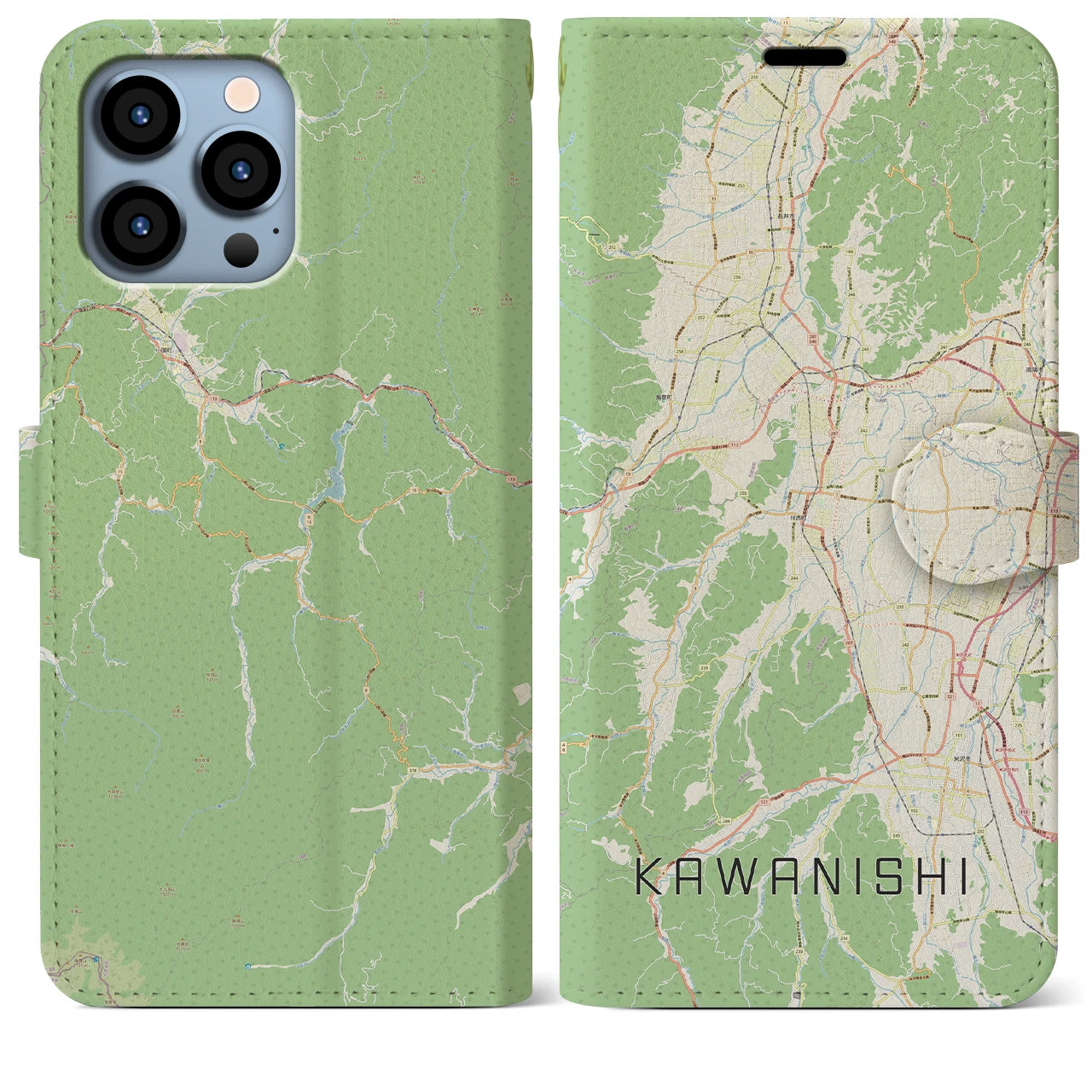 【川西(山形県)】地図柄iPhoneケース(手帳タイプ)ナチュラル・iPhone 13 Pro Max 用