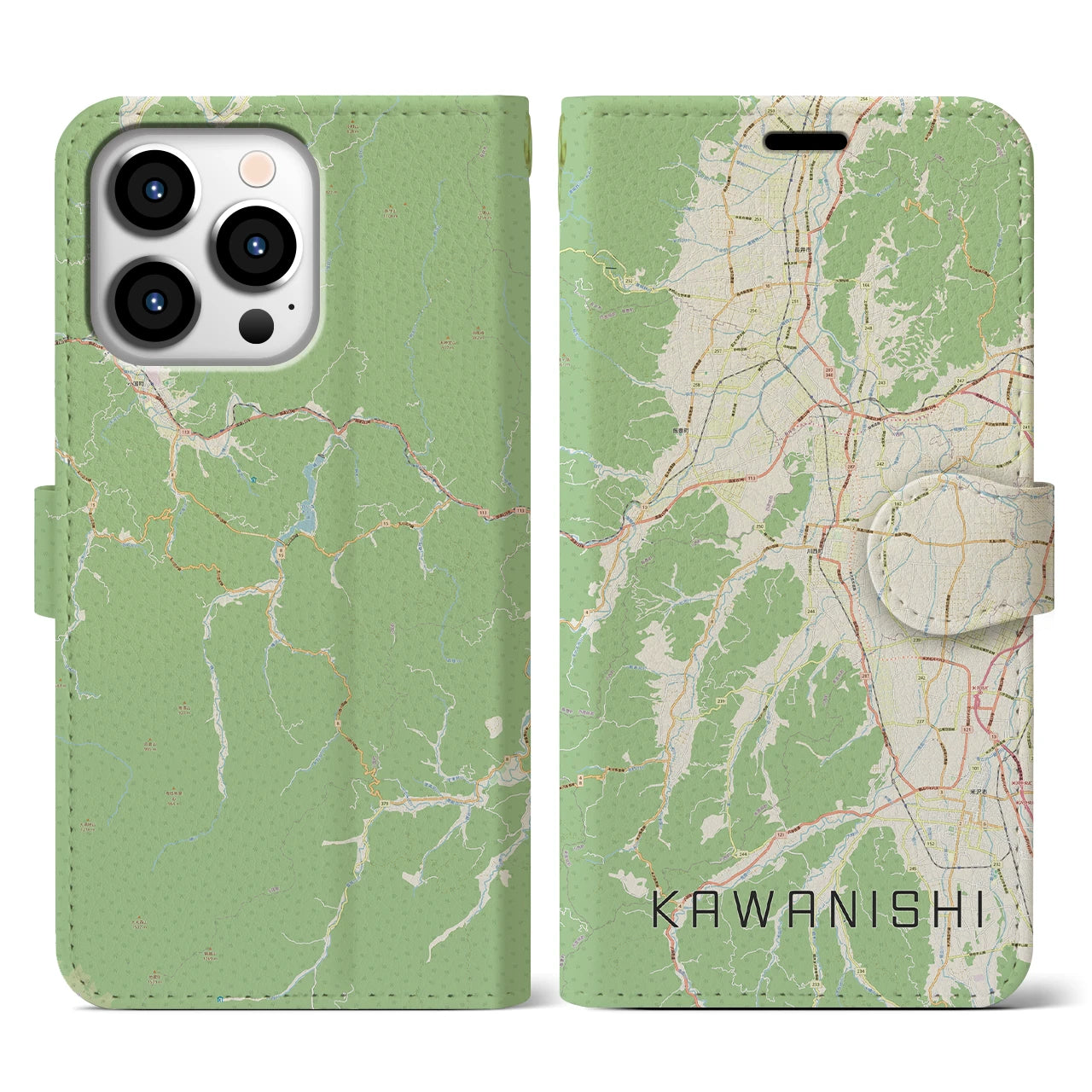 【川西(山形県)】地図柄iPhoneケース(手帳タイプ)ナチュラル・iPhone 13 Pro 用
