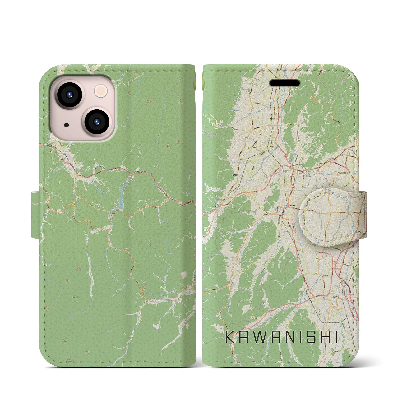 【川西(山形県)】地図柄iPhoneケース(手帳タイプ)ナチュラル・iPhone 13 mini 用