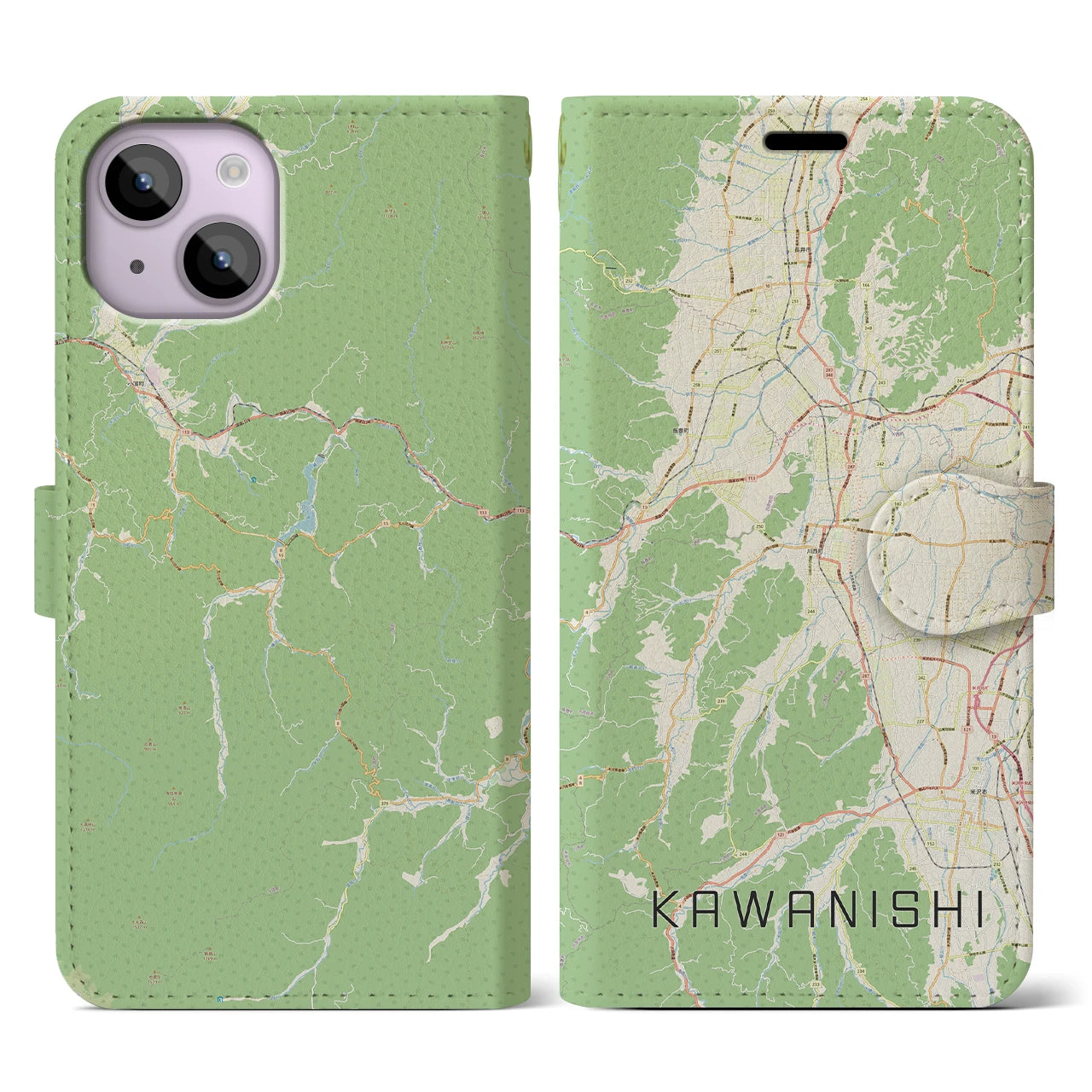 【川西(山形県)】地図柄iPhoneケース(手帳タイプ)ナチュラル・iPhone 14 用