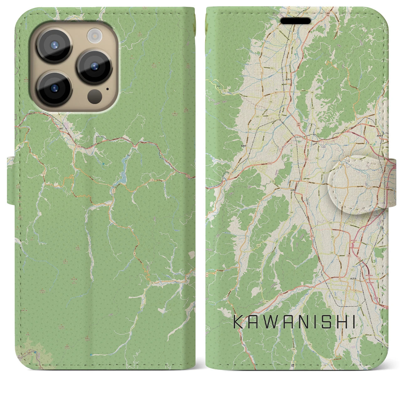 【川西(山形県)】地図柄iPhoneケース(手帳タイプ)ナチュラル・iPhone 14 Pro Max 用
