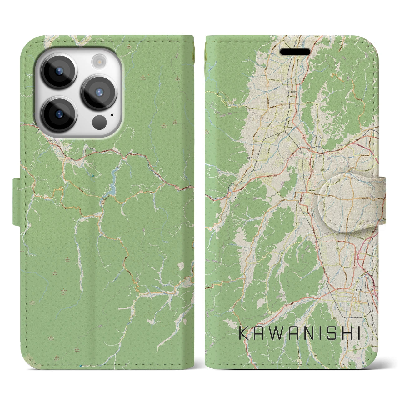 【川西(山形県)】地図柄iPhoneケース(手帳タイプ)ナチュラル・iPhone 14 Pro 用