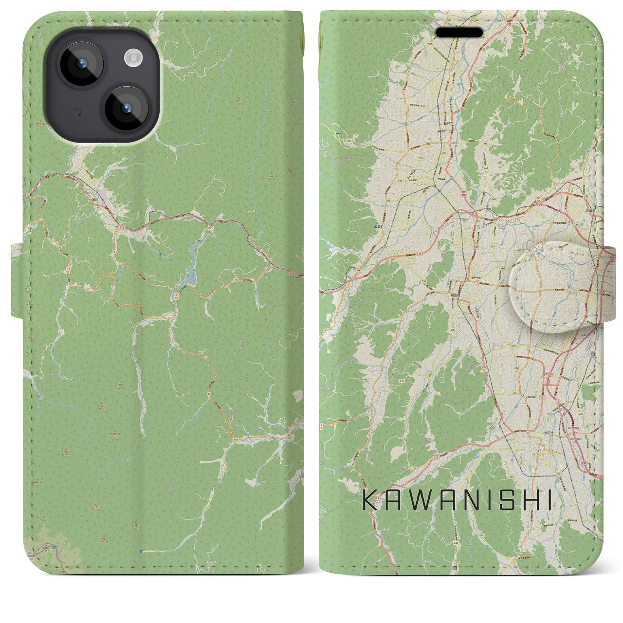 【川西(山形県)】地図柄iPhoneケース(手帳タイプ)ナチュラル・iPhone 14 Plus 用
