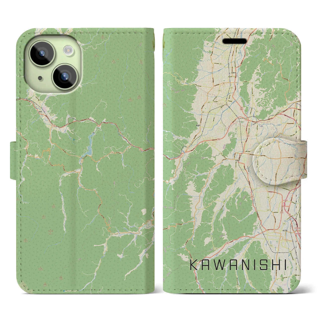 【川西(山形県)】地図柄iPhoneケース(手帳タイプ)ナチュラル・iPhone 15 用