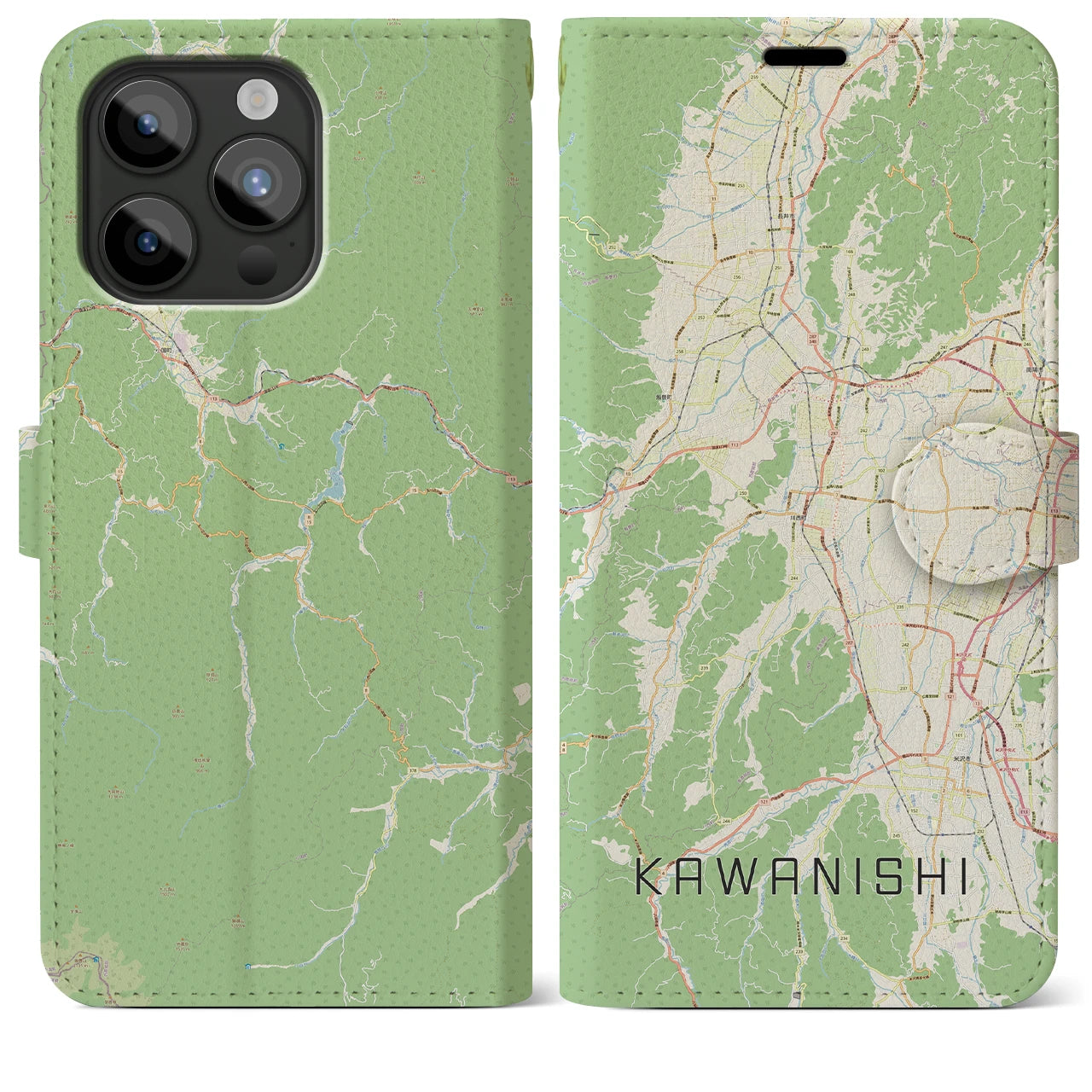 【川西(山形県)】地図柄iPhoneケース(手帳タイプ)ナチュラル・iPhone 15 Pro Max 用