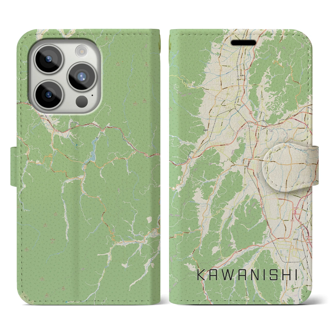【川西(山形県)】地図柄iPhoneケース(手帳タイプ)ナチュラル・iPhone 15 Pro 用