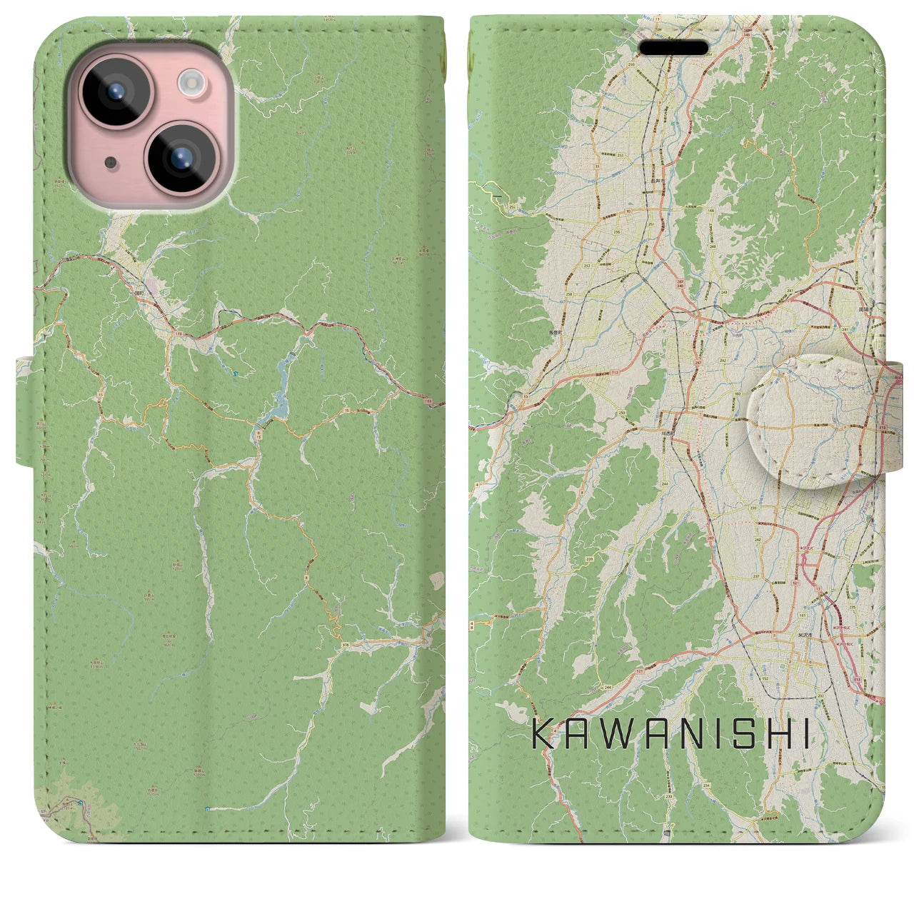 【川西(山形県)】地図柄iPhoneケース(手帳タイプ)ナチュラル・iPhone 15 Plus 用