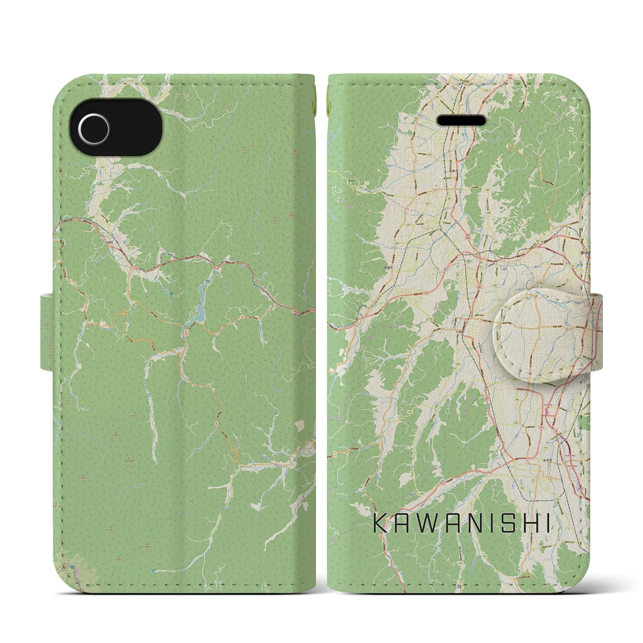 【川西(山形県)】地図柄iPhoneケース(手帳タイプ)ナチュラル・iPhone SE(第3 / 第2世代) / 8 / 7 / 6s / 6 用