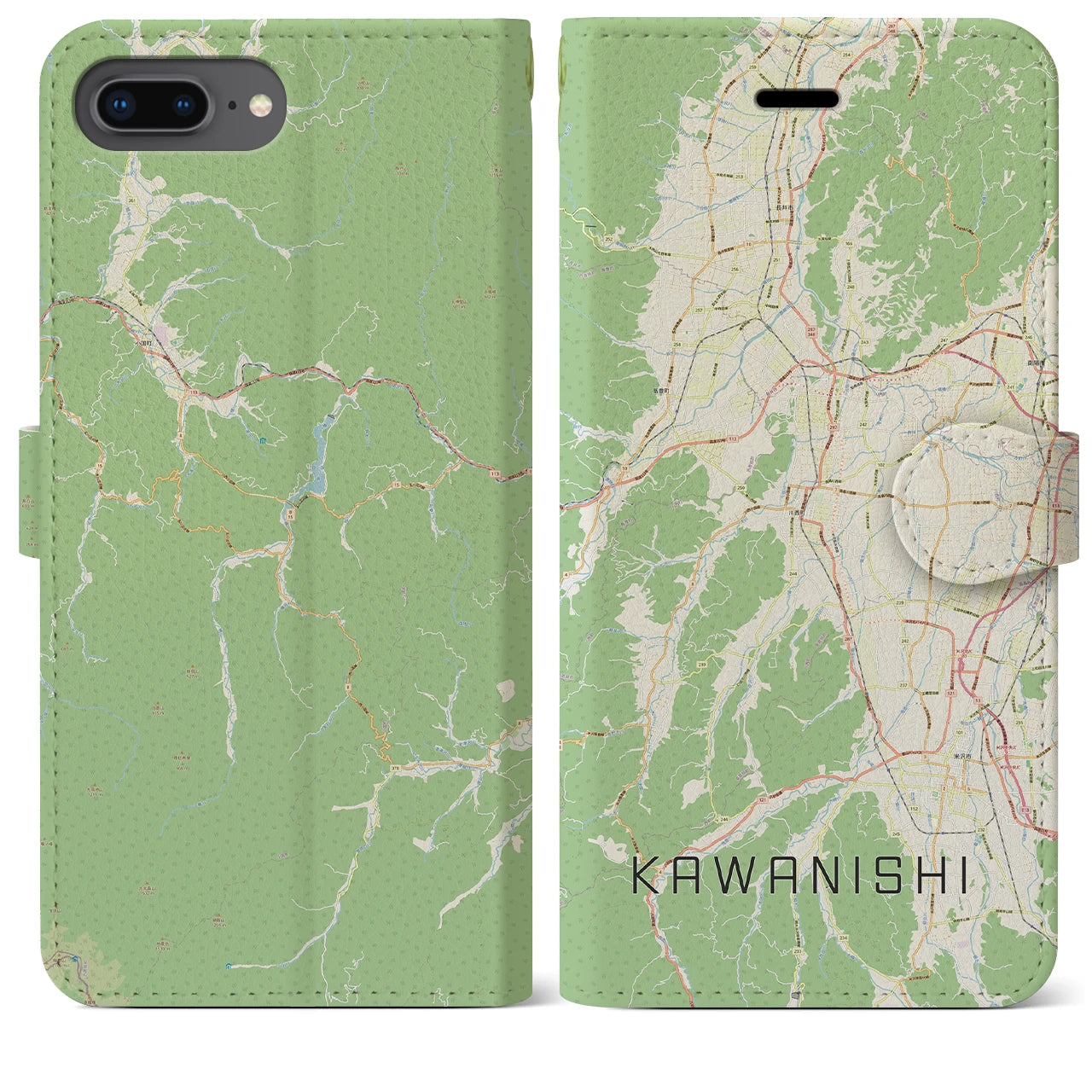 【川西(山形県)】地図柄iPhoneケース(手帳タイプ)ナチュラル・iPhone 8Plus /7Plus / 6sPlus / 6Plus 用