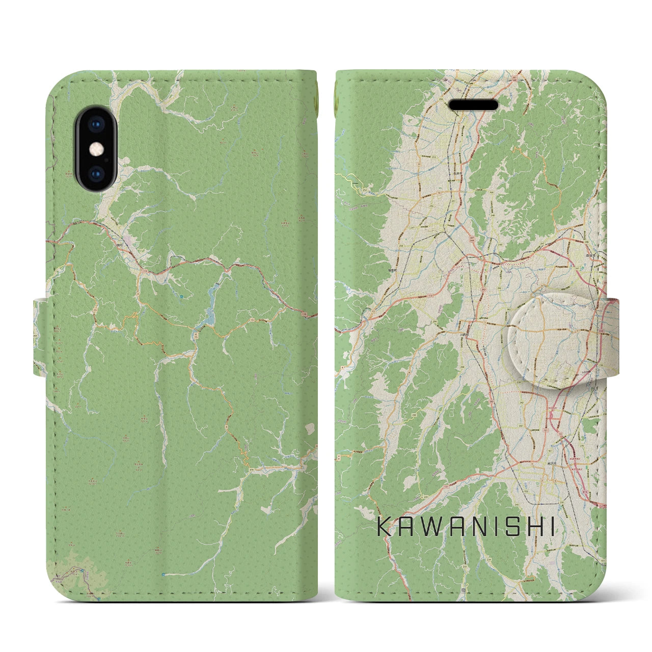 【川西(山形県)】地図柄iPhoneケース(手帳タイプ)ナチュラル・iPhone XS / X 用