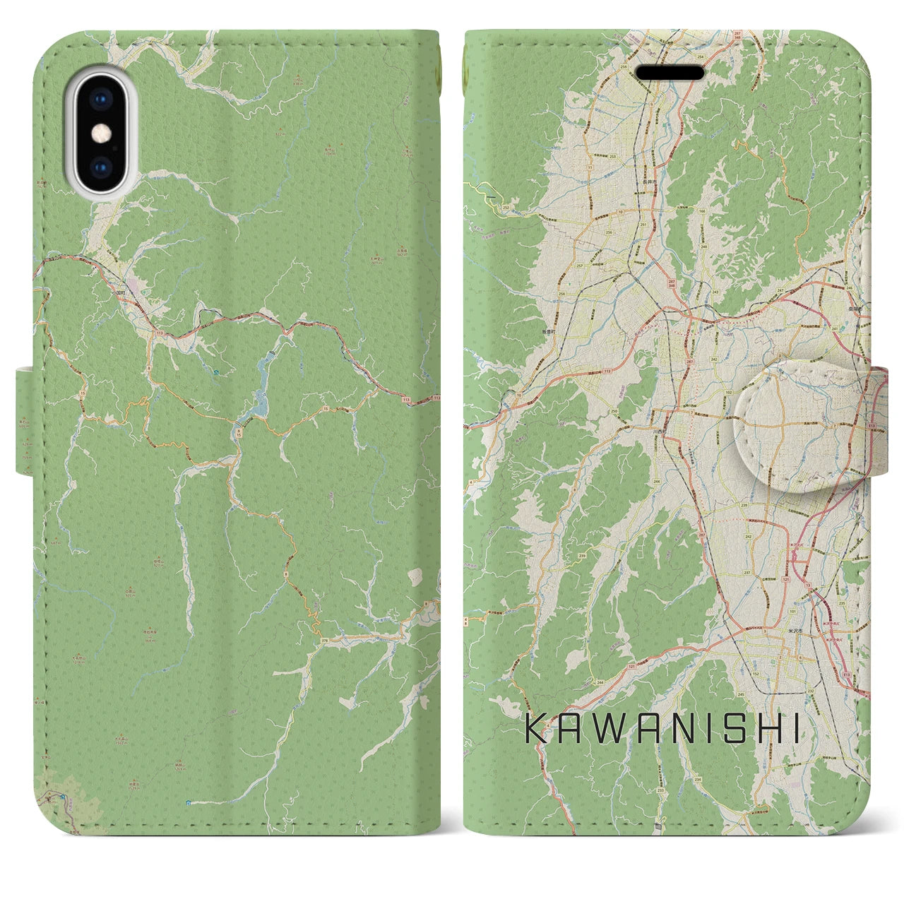 【川西(山形県)】地図柄iPhoneケース(手帳タイプ)ナチュラル・iPhone XS Max 用