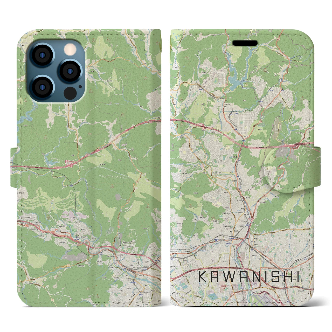 【川西(兵庫県)】地図柄iPhoneケース(手帳タイプ)ナチュラル・iPhone 12 / 12 Pro 用