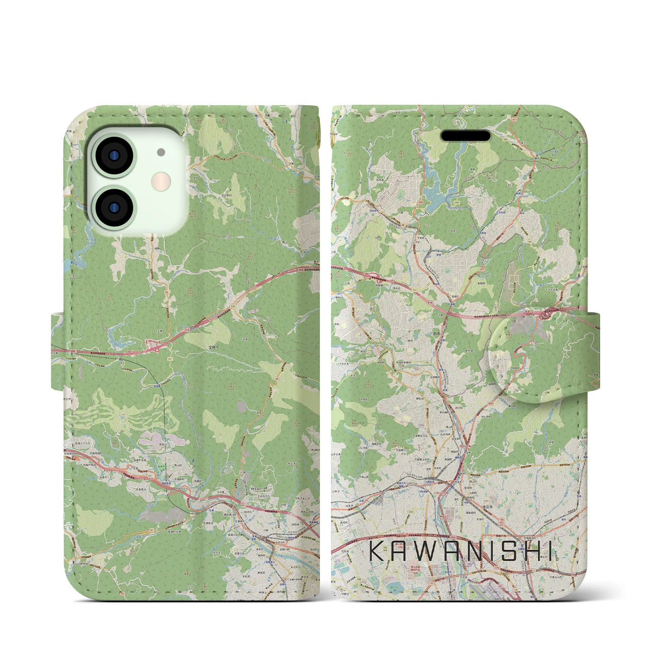 【川西(兵庫県)】地図柄iPhoneケース(手帳タイプ)ナチュラル・iPhone 12 mini 用