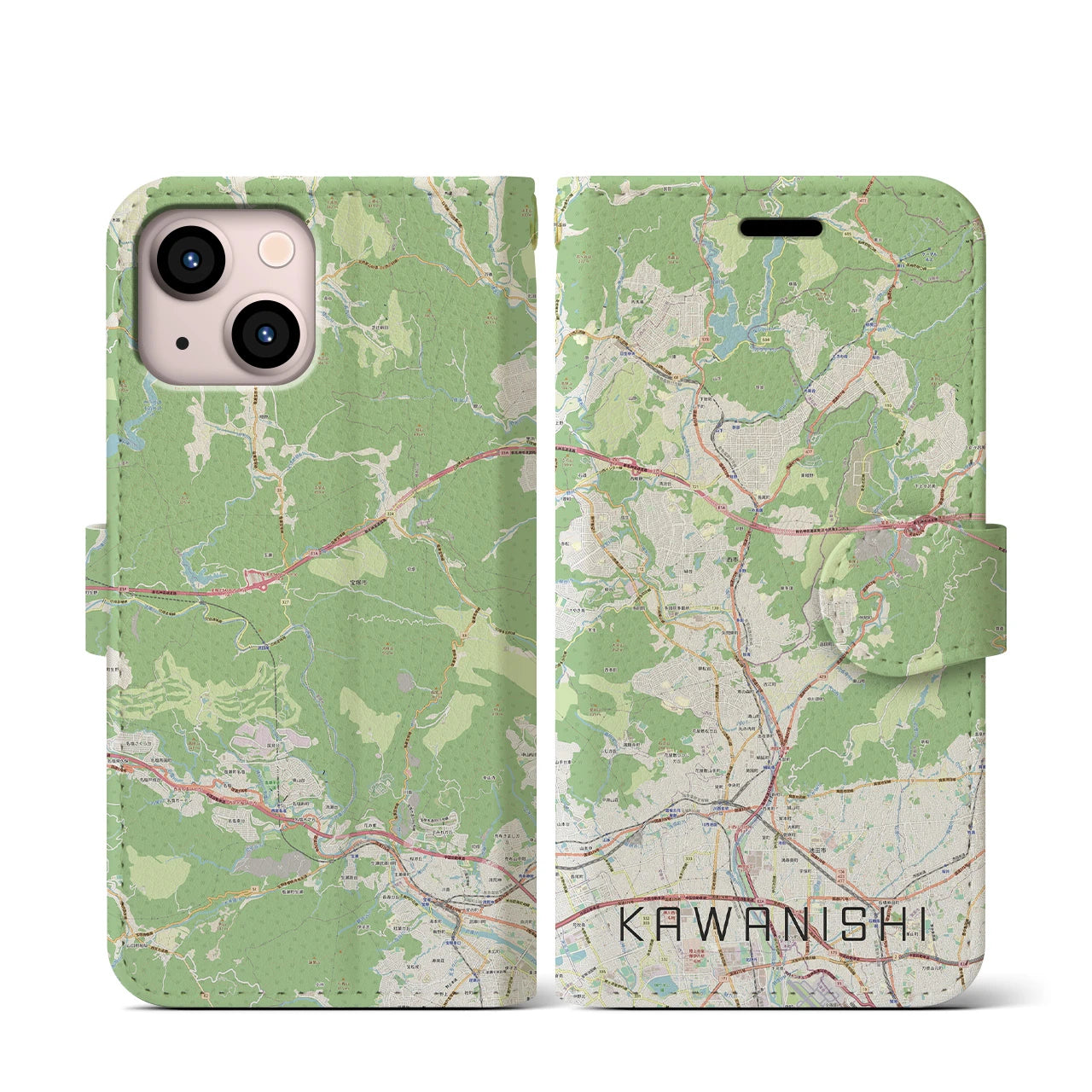 【川西(兵庫県)】地図柄iPhoneケース(手帳タイプ)ナチュラル・iPhone 13 mini 用