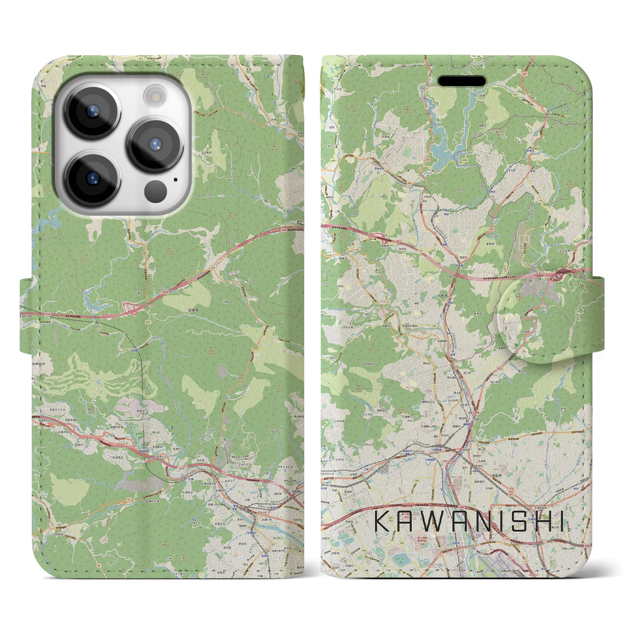 【川西(兵庫県)】地図柄iPhoneケース(手帳タイプ)ナチュラル・iPhone 14 Pro 用