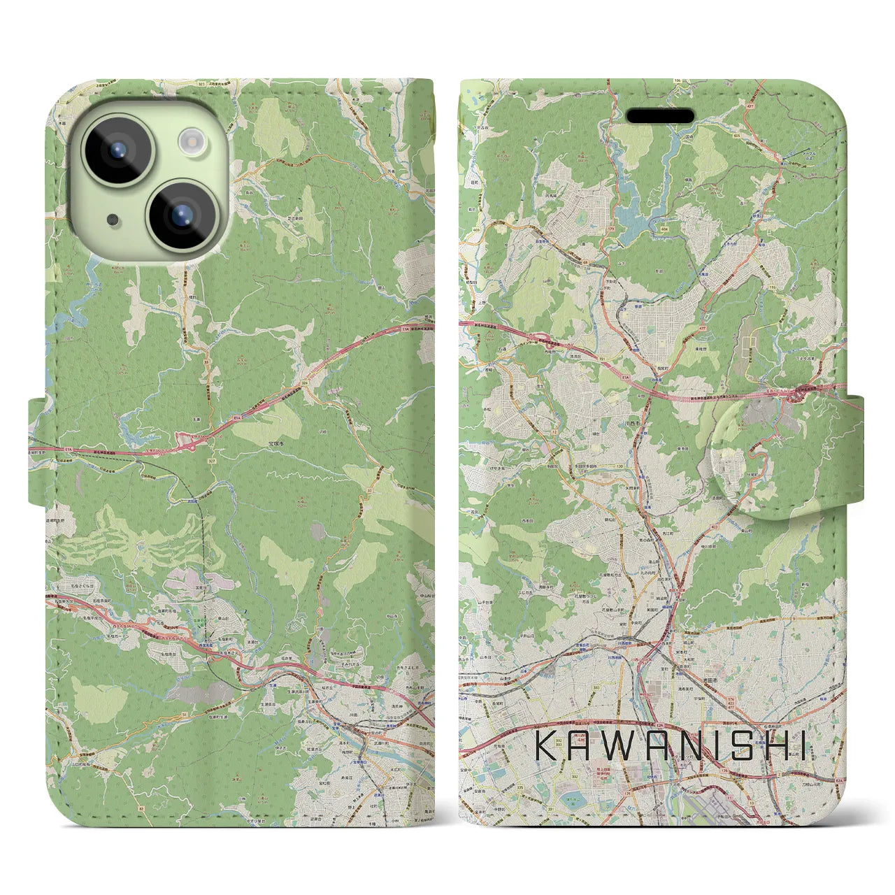 【川西(兵庫県)】地図柄iPhoneケース(手帳タイプ)ナチュラル・iPhone 15 用