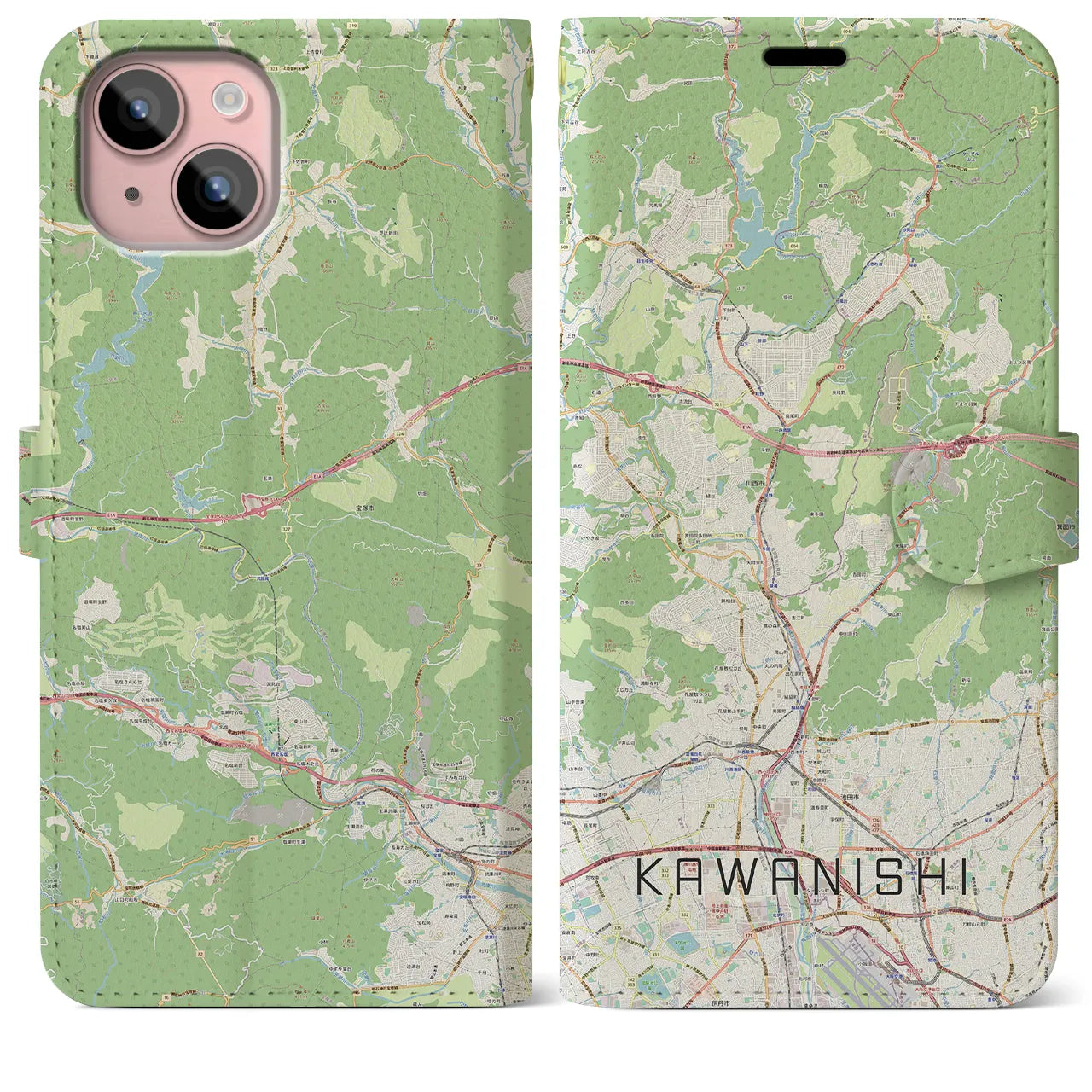 【川西(兵庫県)】地図柄iPhoneケース(手帳タイプ)ナチュラル・iPhone 15 Plus 用