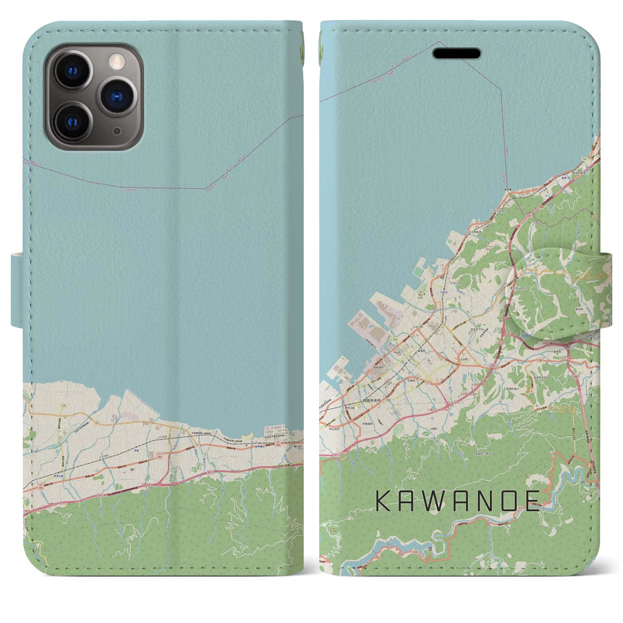 【川之江(愛媛県)】地図柄iPhoneケース(手帳タイプ)ナチュラル・iPhone 11 Pro Max 用