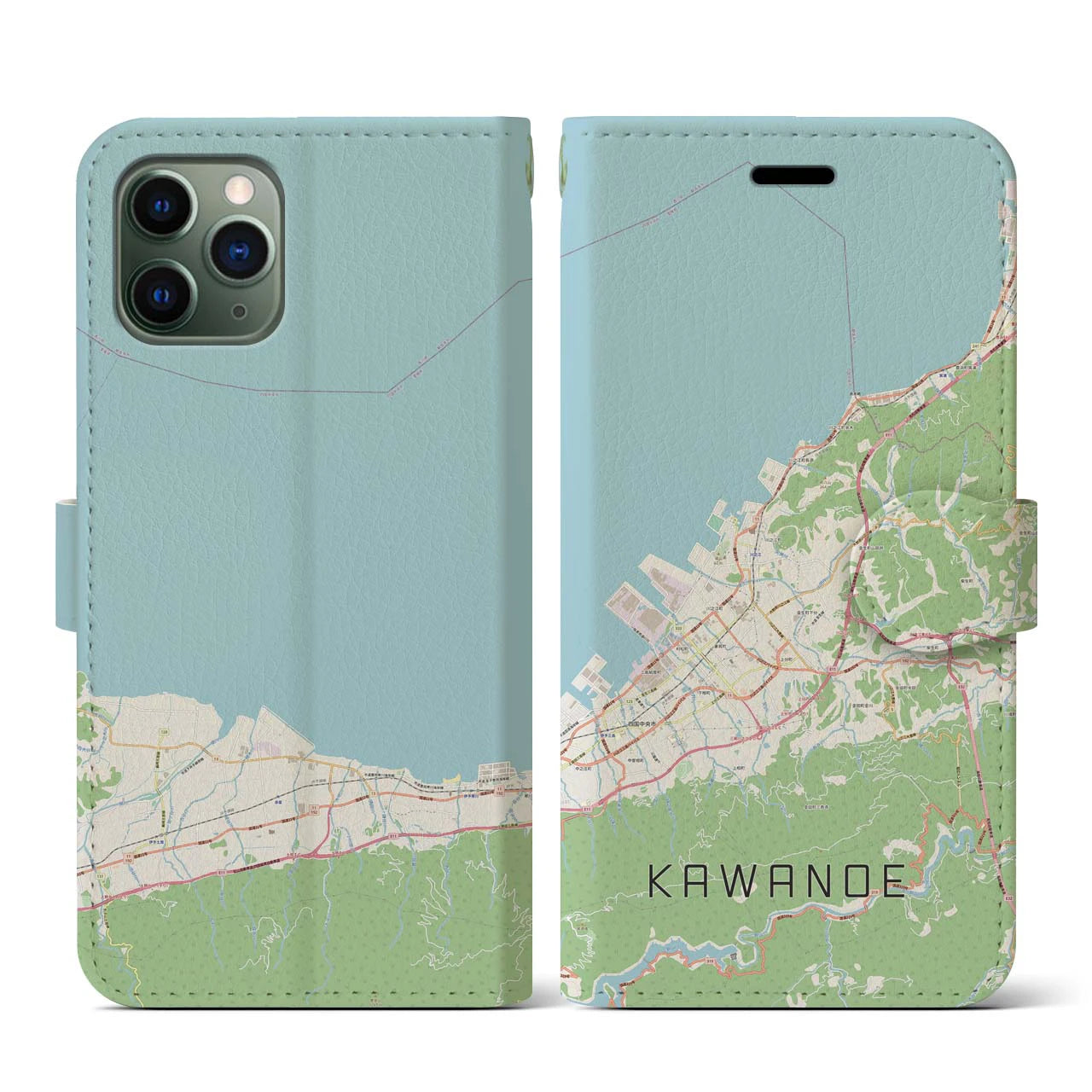 【川之江(愛媛県)】地図柄iPhoneケース(手帳タイプ)ナチュラル・iPhone 11 Pro 用