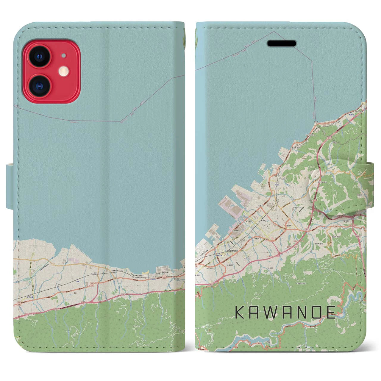 【川之江(愛媛県)】地図柄iPhoneケース(手帳タイプ)ナチュラル・iPhone 11 用