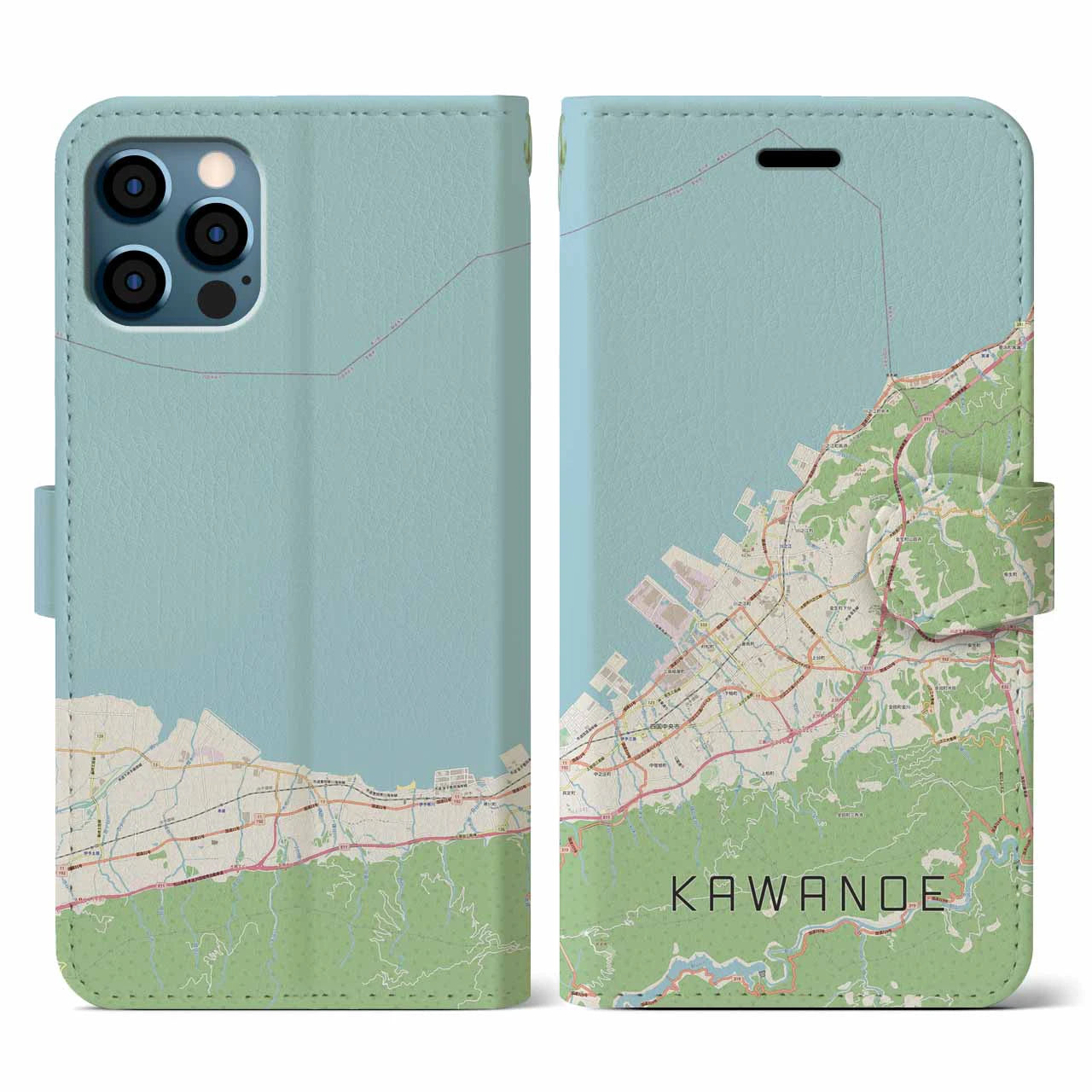 【川之江(愛媛県)】地図柄iPhoneケース(手帳タイプ)ナチュラル・iPhone 12 / 12 Pro 用