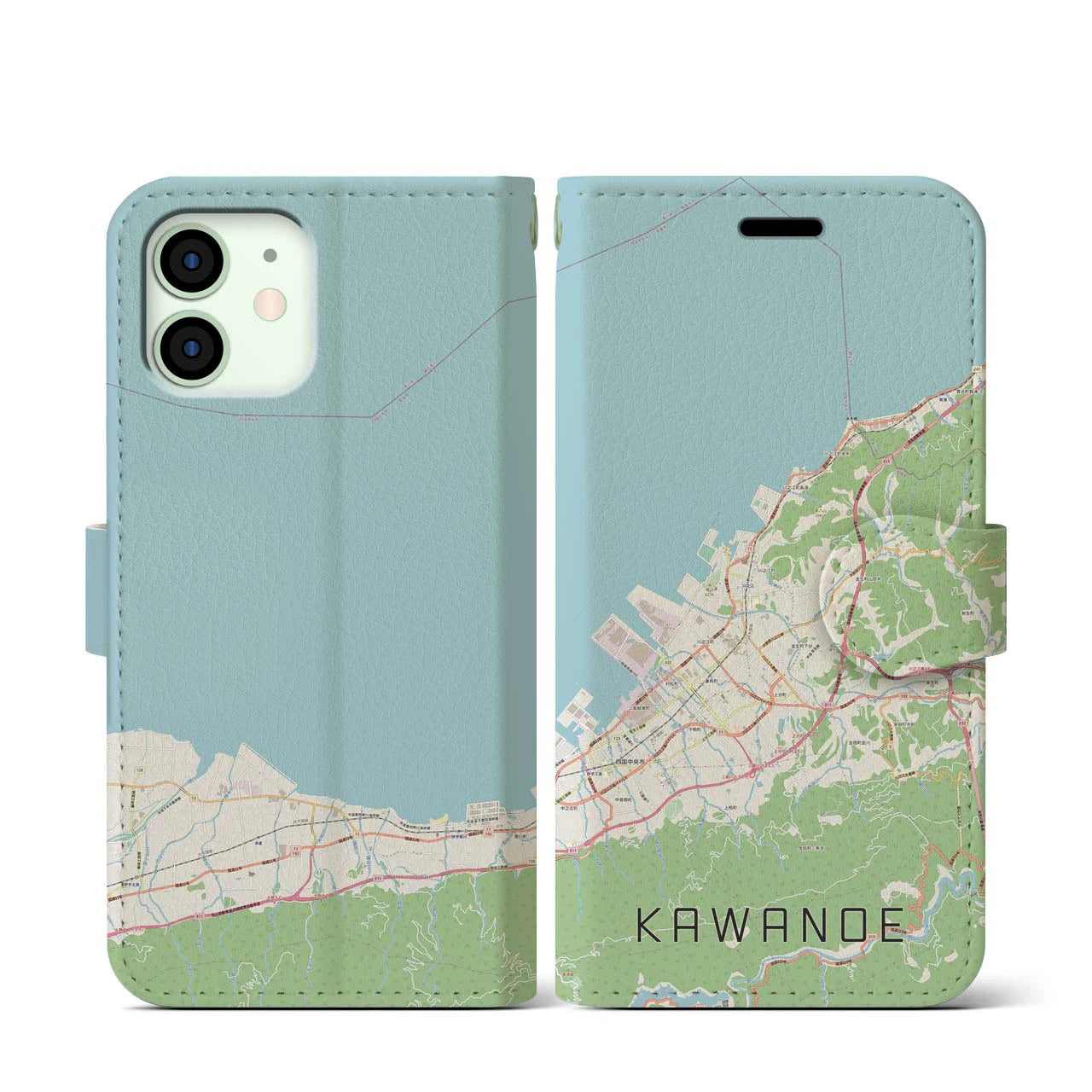 【川之江(愛媛県)】地図柄iPhoneケース(手帳タイプ)ナチュラル・iPhone 12 mini 用