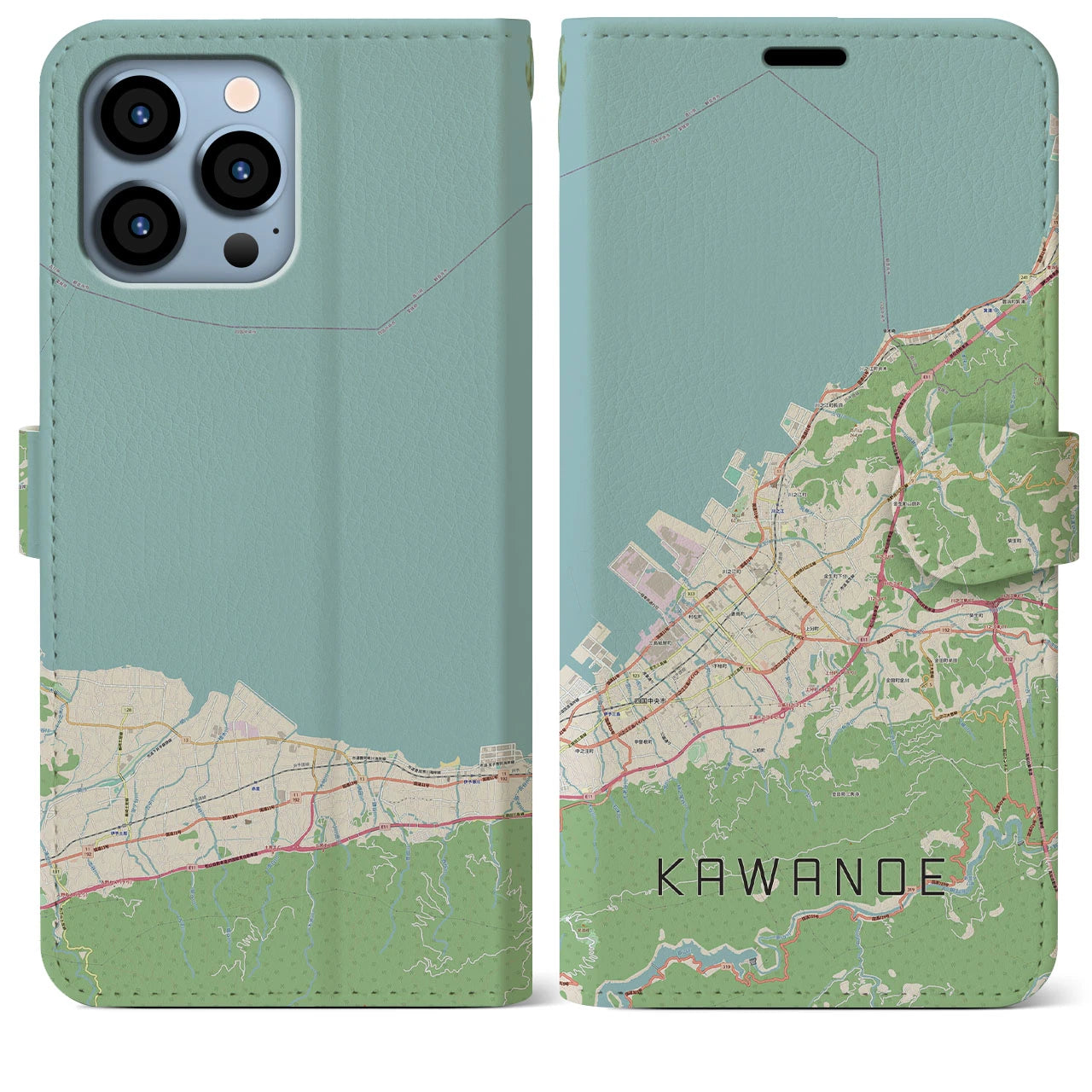 【川之江(愛媛県)】地図柄iPhoneケース(手帳タイプ)ナチュラル・iPhone 13 Pro Max 用