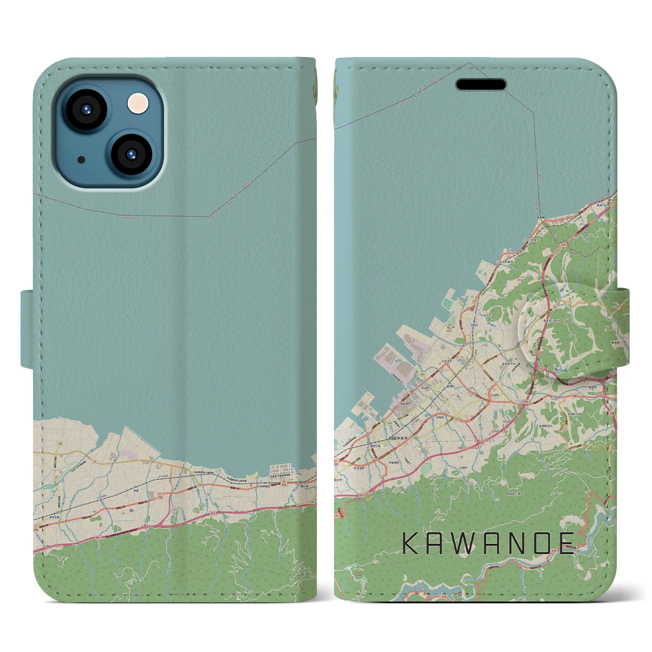 【川之江(愛媛県)】地図柄iPhoneケース(手帳タイプ)ナチュラル・iPhone 13 用