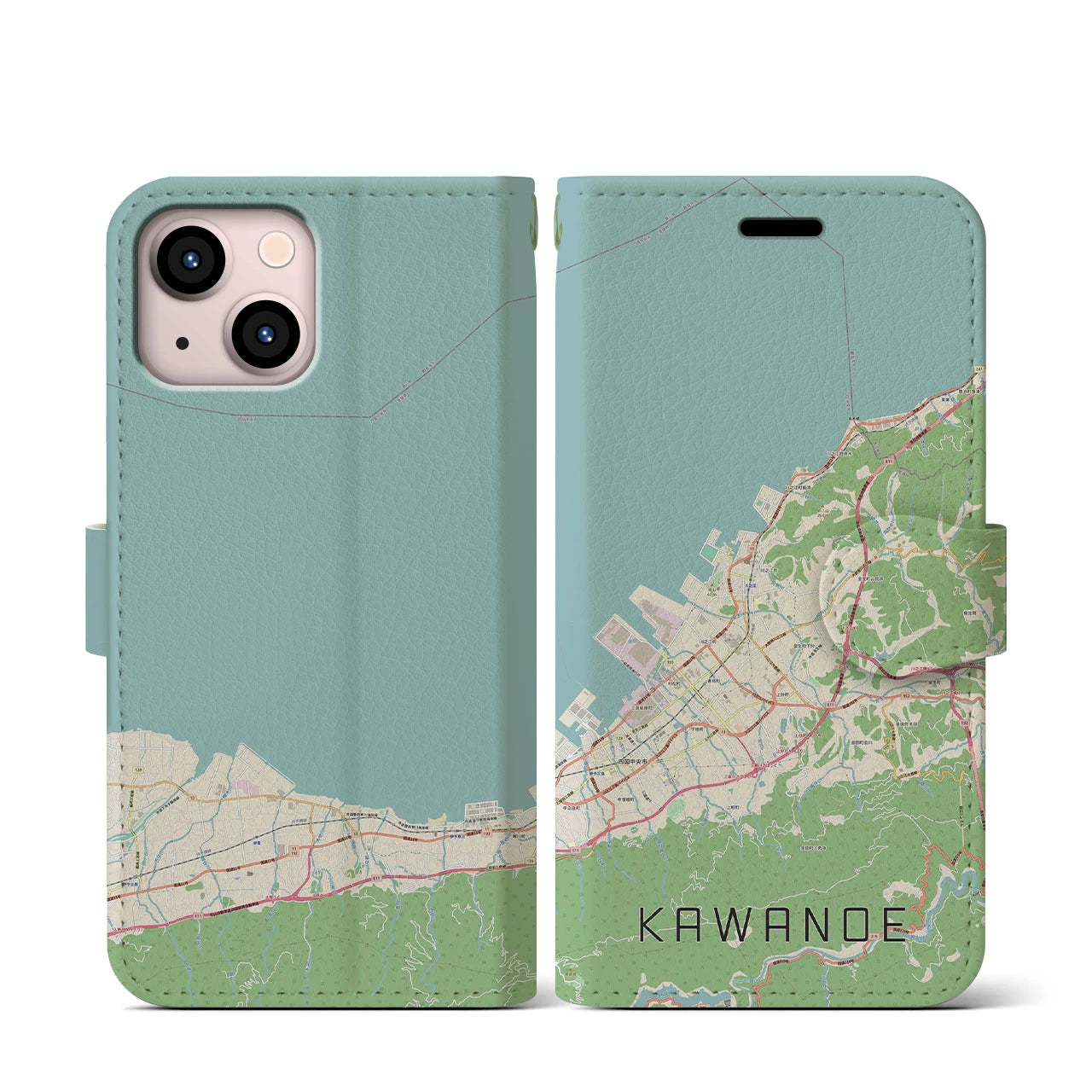【川之江(愛媛県)】地図柄iPhoneケース(手帳タイプ)ナチュラル・iPhone 13 mini 用