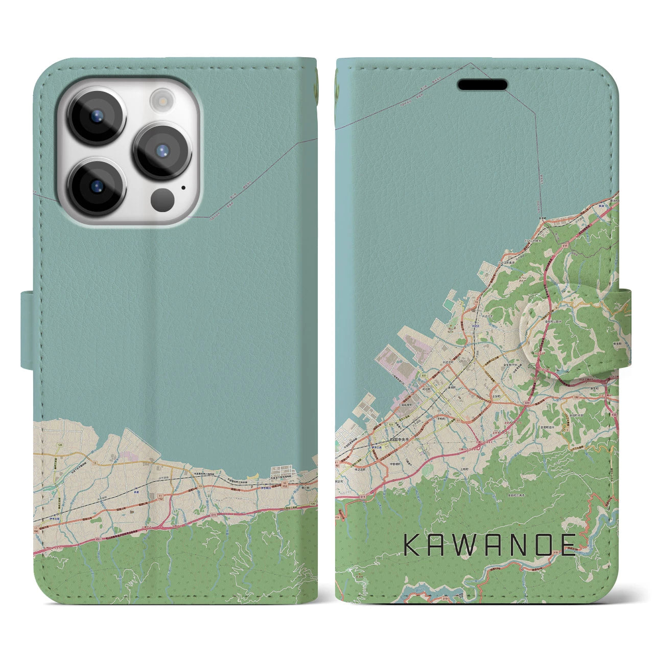 【川之江(愛媛県)】地図柄iPhoneケース(手帳タイプ)ナチュラル・iPhone 14 Pro 用