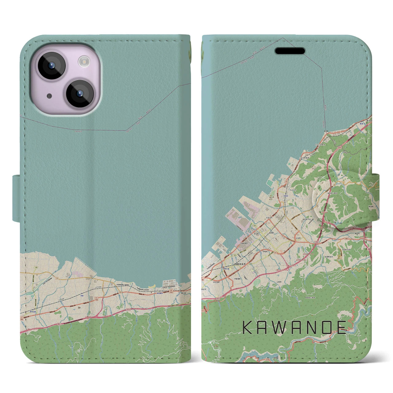 【川之江(愛媛県)】地図柄iPhoneケース(手帳タイプ)ナチュラル・iPhone 14 用