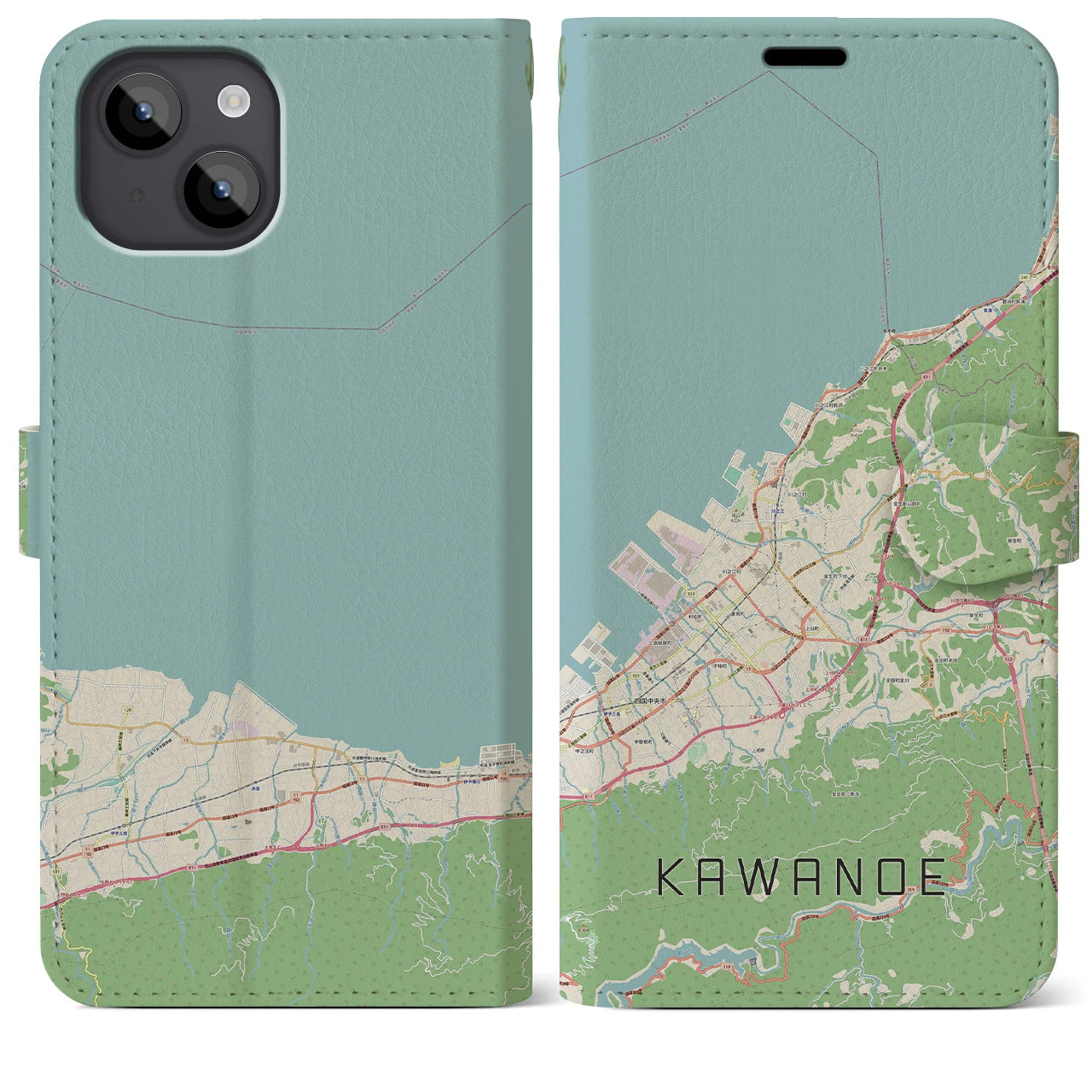 【川之江(愛媛県)】地図柄iPhoneケース(手帳タイプ)ナチュラル・iPhone 14 Plus 用