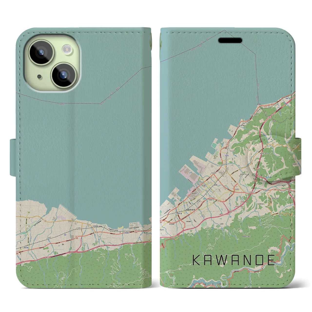 【川之江(愛媛県)】地図柄iPhoneケース(手帳タイプ)ナチュラル・iPhone 15 用