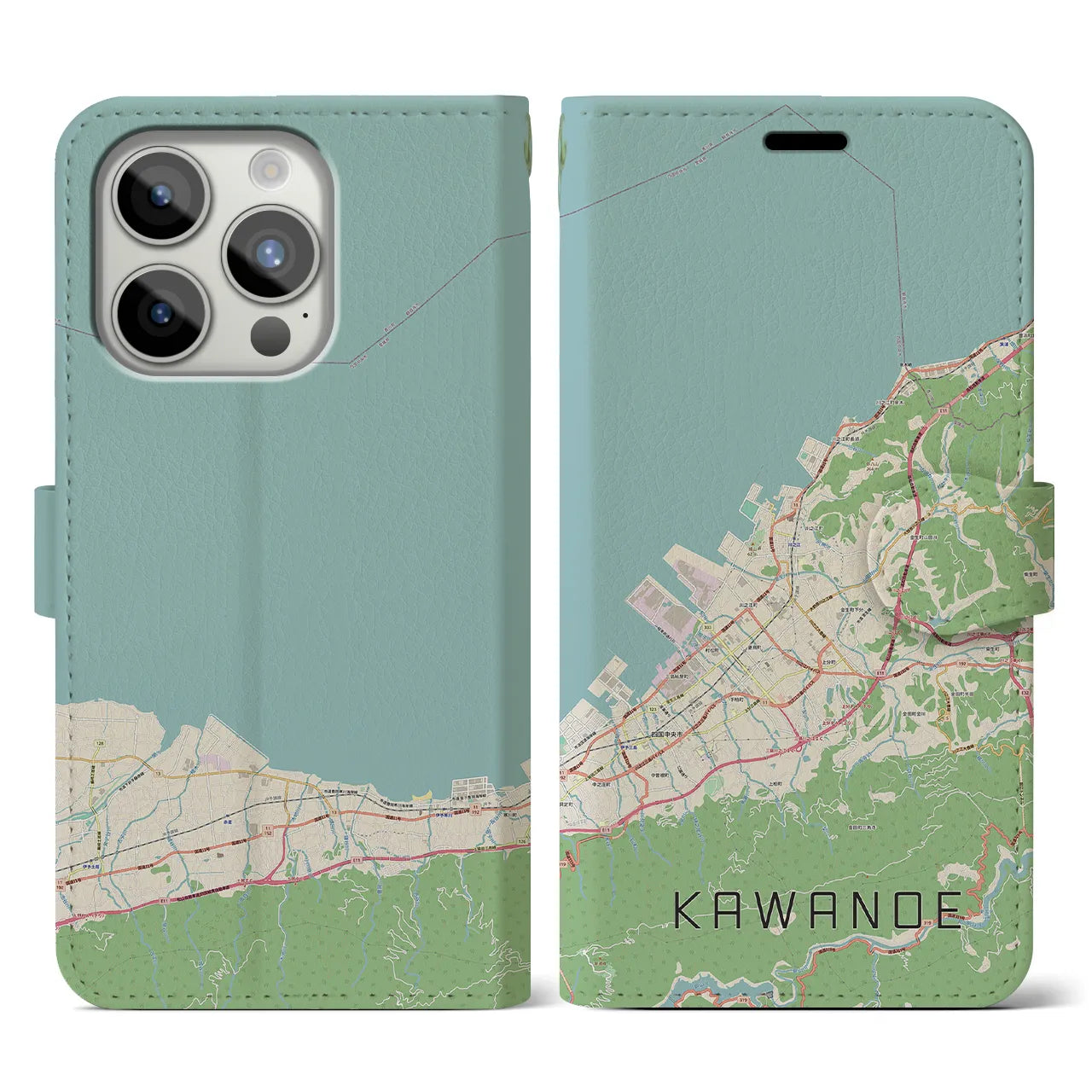 【川之江(愛媛県)】地図柄iPhoneケース(手帳タイプ)ナチュラル・iPhone 15 Pro 用