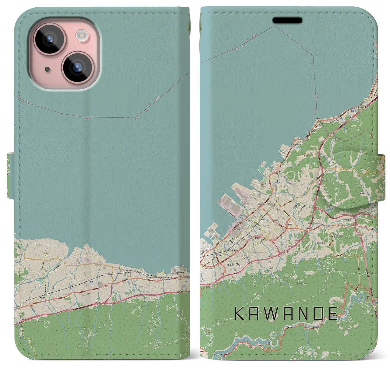 【川之江(愛媛県)】地図柄iPhoneケース(手帳タイプ)ナチュラル・iPhone 15 Plus 用