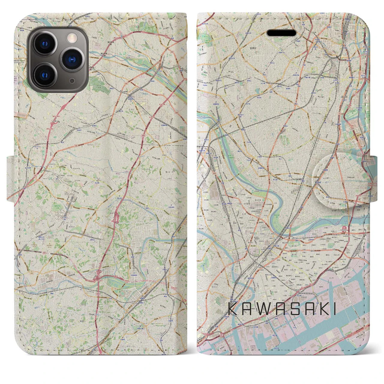 【川崎(神奈川県)】地図柄iPhoneケース(手帳タイプ)ナチュラル・iPhone 11 Pro Max 用