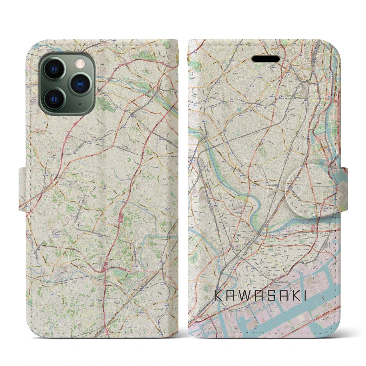 【川崎(神奈川県)】地図柄iPhoneケース(手帳タイプ)ナチュラル・iPhone 11 Pro 用