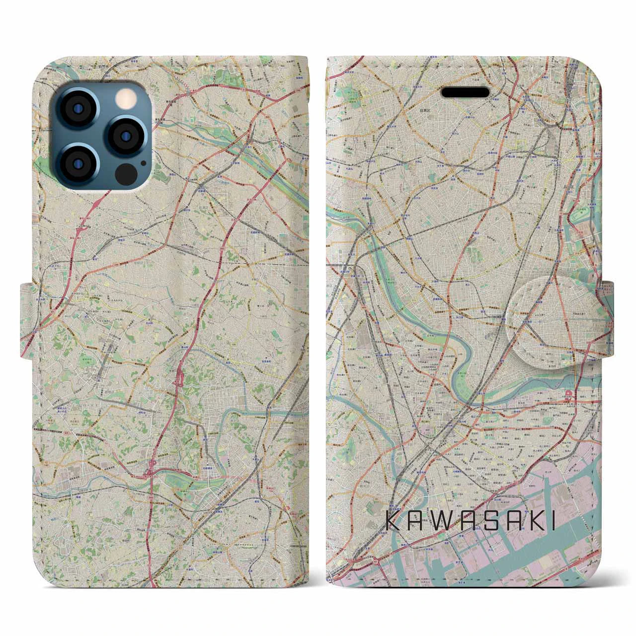 【川崎(神奈川県)】地図柄iPhoneケース(手帳タイプ)ナチュラル・iPhone 12 / 12 Pro 用
