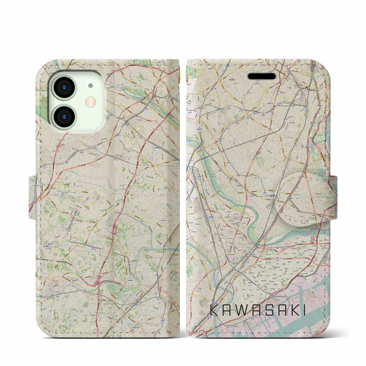 【川崎(神奈川県)】地図柄iPhoneケース(手帳タイプ)ナチュラル・iPhone 12 mini 用