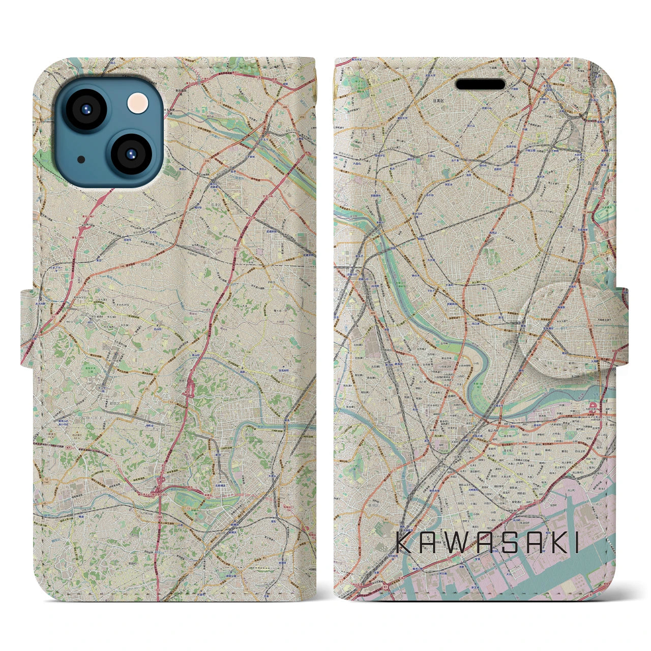 【川崎(神奈川県)】地図柄iPhoneケース(手帳タイプ)ナチュラル・iPhone 13 用