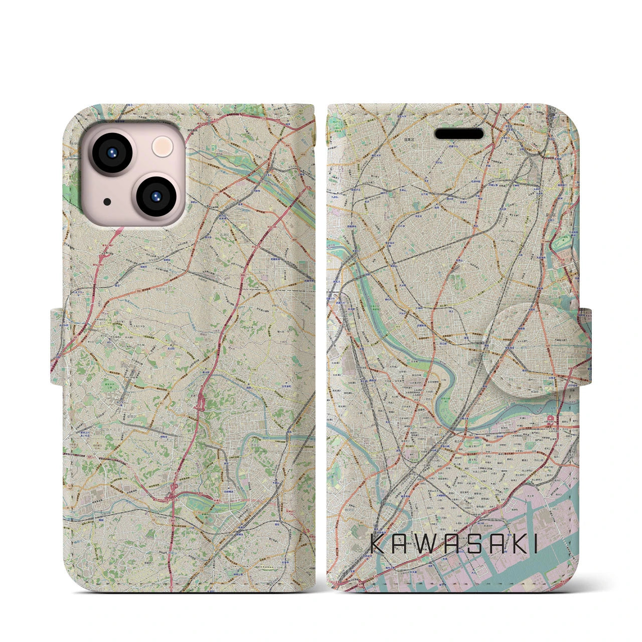 【川崎(神奈川県)】地図柄iPhoneケース(手帳タイプ)ナチュラル・iPhone 13 mini 用