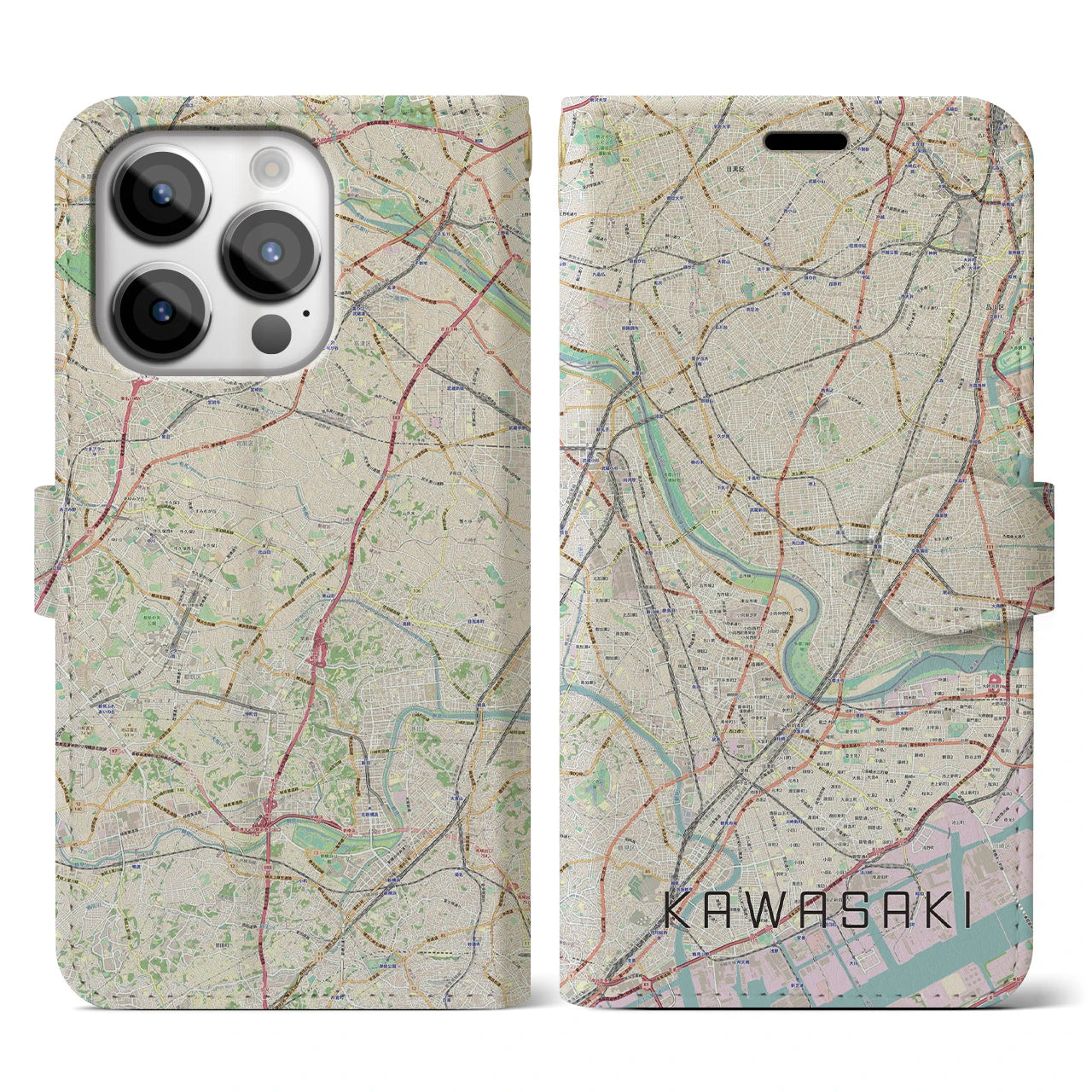 【川崎(神奈川県)】地図柄iPhoneケース(手帳タイプ)ナチュラル・iPhone 14 Pro 用