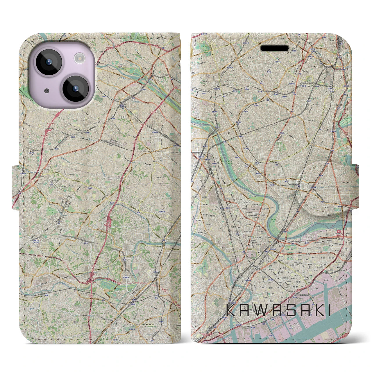 【川崎(神奈川県)】地図柄iPhoneケース(手帳タイプ)ナチュラル・iPhone 14 用