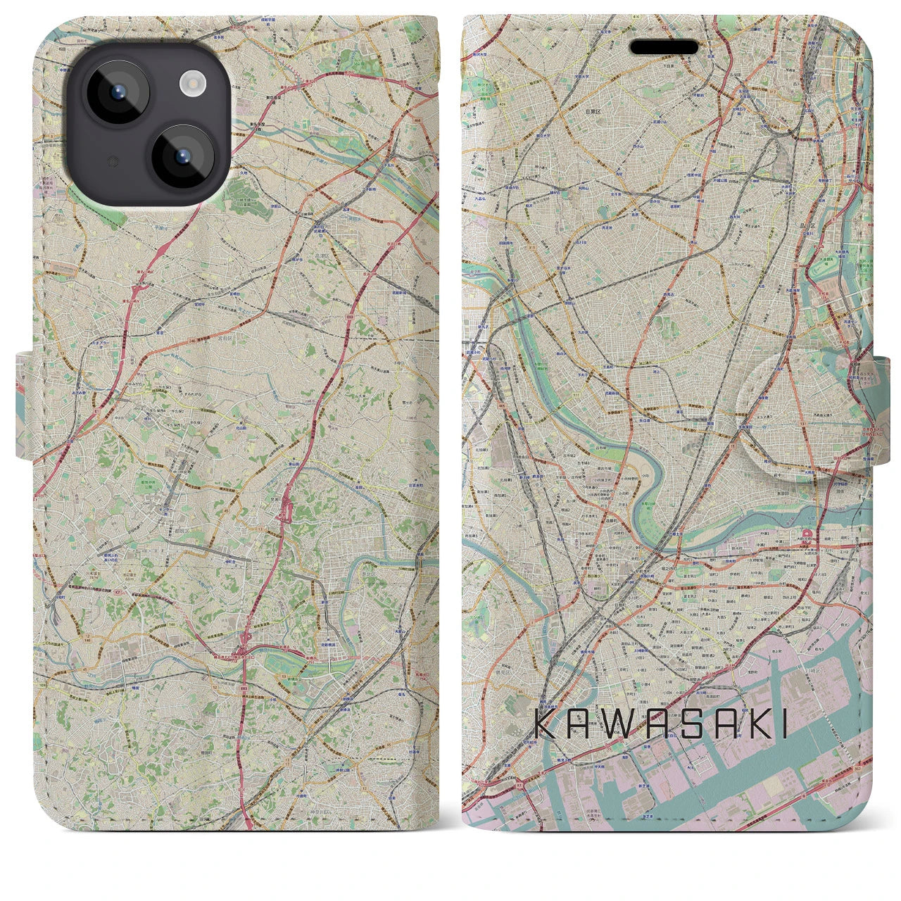 【川崎(神奈川県)】地図柄iPhoneケース(手帳タイプ)ナチュラル・iPhone 14 Plus 用