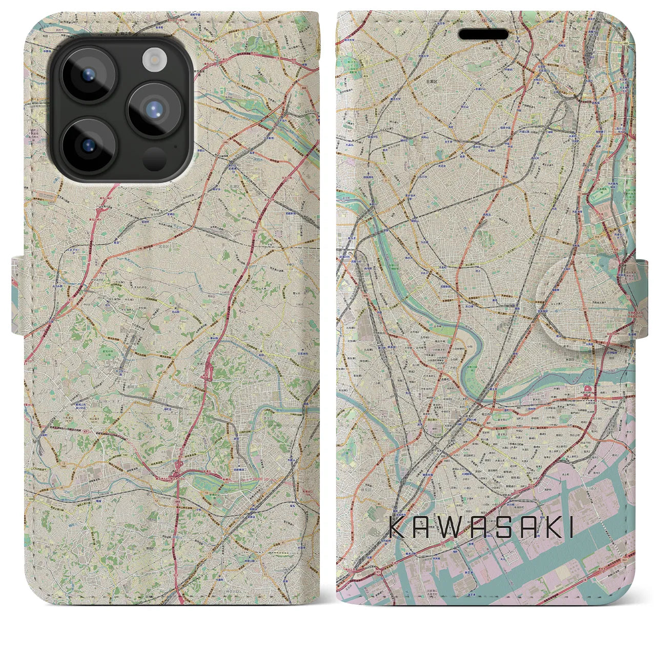 【川崎(神奈川県)】地図柄iPhoneケース(手帳タイプ)ナチュラル・iPhone 15 Pro Max 用